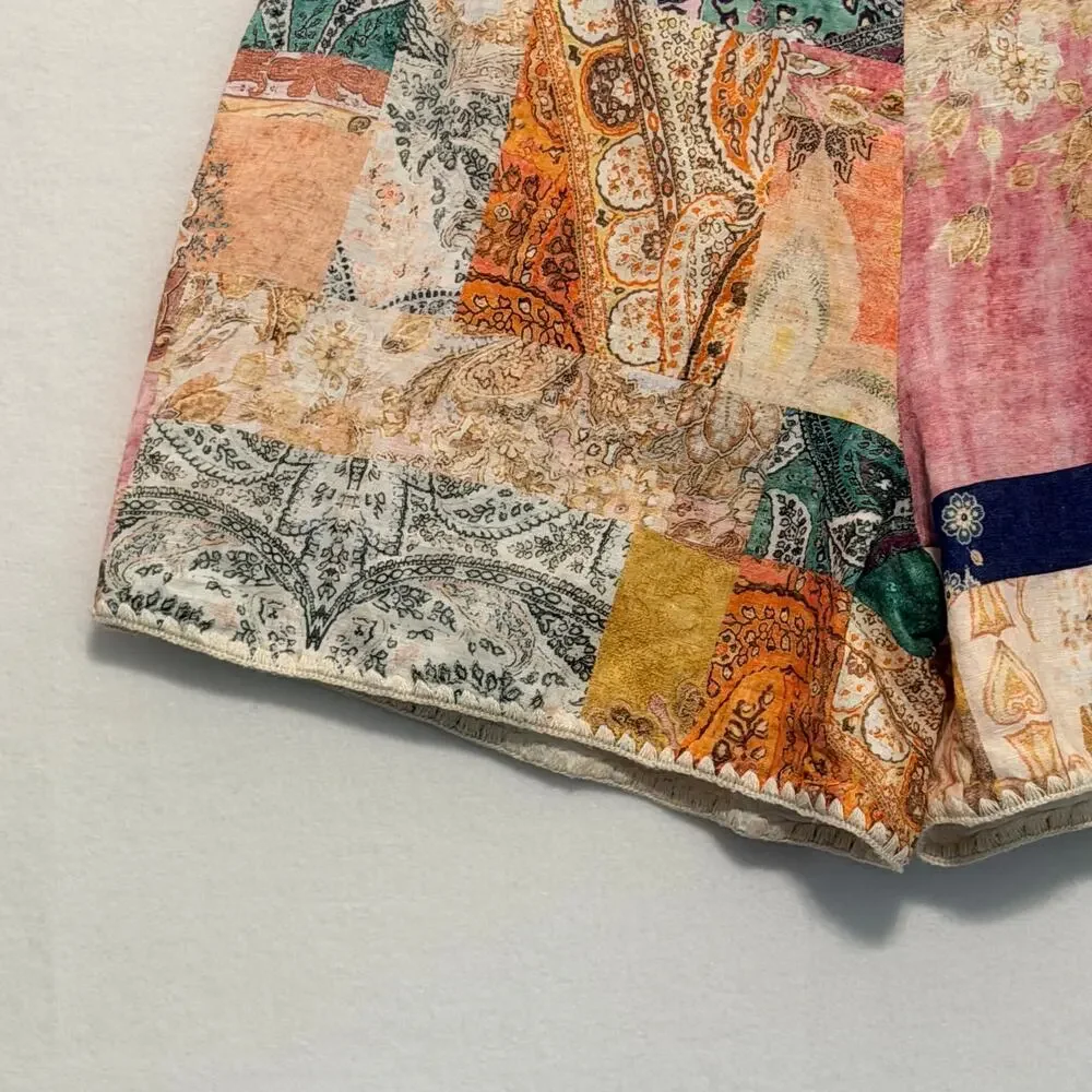 Magaschoni High Waisted Linen Patchwork Paisley Belted Shorts 10 Boho Festival